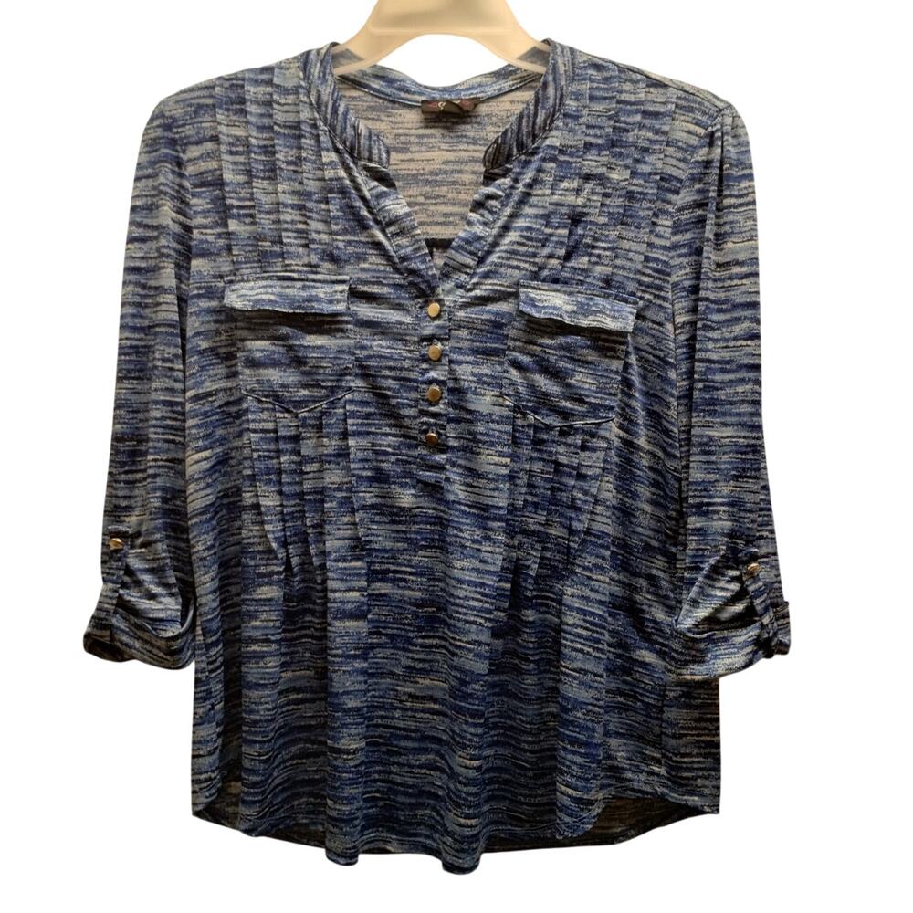 Cocomo Popover Top Size Petite Large Blue Space Dye Split Neck Roll Tab Sleeves
